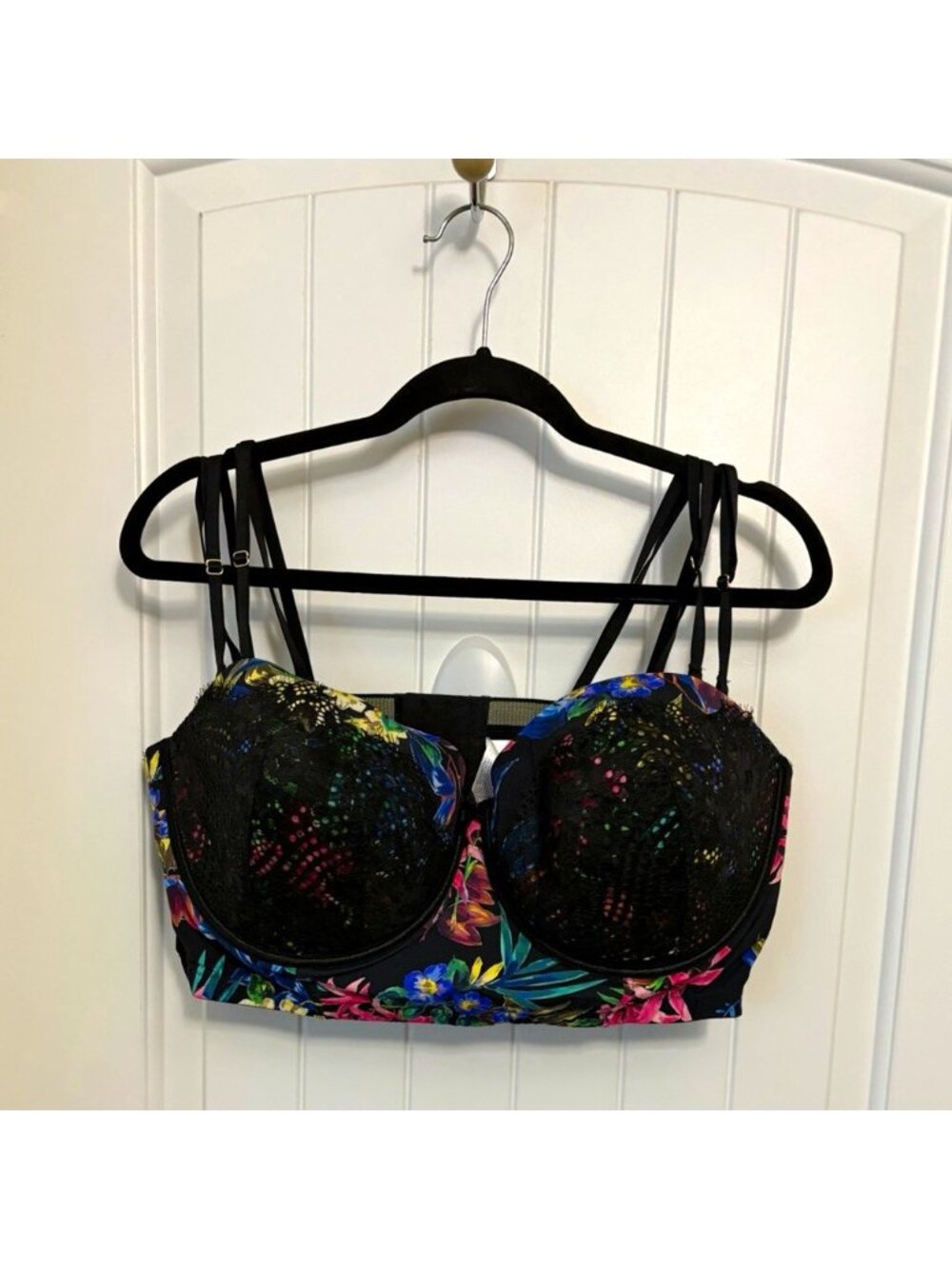 Cacique Lane Bryant 44D Balconette Underwire Bra Black Floral Lace